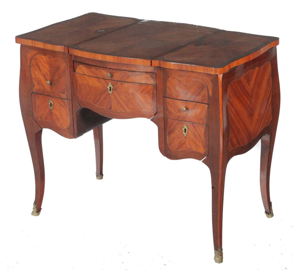 LOUIS XV STYLE DRESSING TABLE WITH MARQUETRY INLAY: European, 2nd half 19th century. Mahogany with sapwood line inlays, and oak secondary. Three-section top, sides fold down to create work surface and two lift-lid wells, center section opens to a mirro