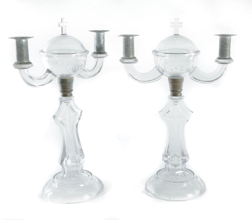 PAIR OF RIPLEY AND CO. BAPTISMAL CANDELABRA.: American, late 19th century. Clear with stippling lids with crosses, bowl with IHS, two candle branches with pewter cups, brass connectors, stems with cross, branch and foot embossed "pat. pending" an