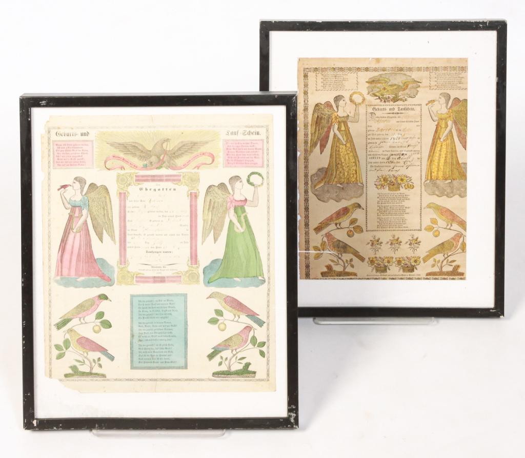 TWO AMERICAN PENNSYLVANIA PRINTED FRAKTUR.: Nineteenth century. One printed in Harrisburg, dated 1828 in yellow green and red. The other printed in Allentown, dated 1861, bold greens, yellow, blue and red. Framed, 20.5"h. 16.5"w.