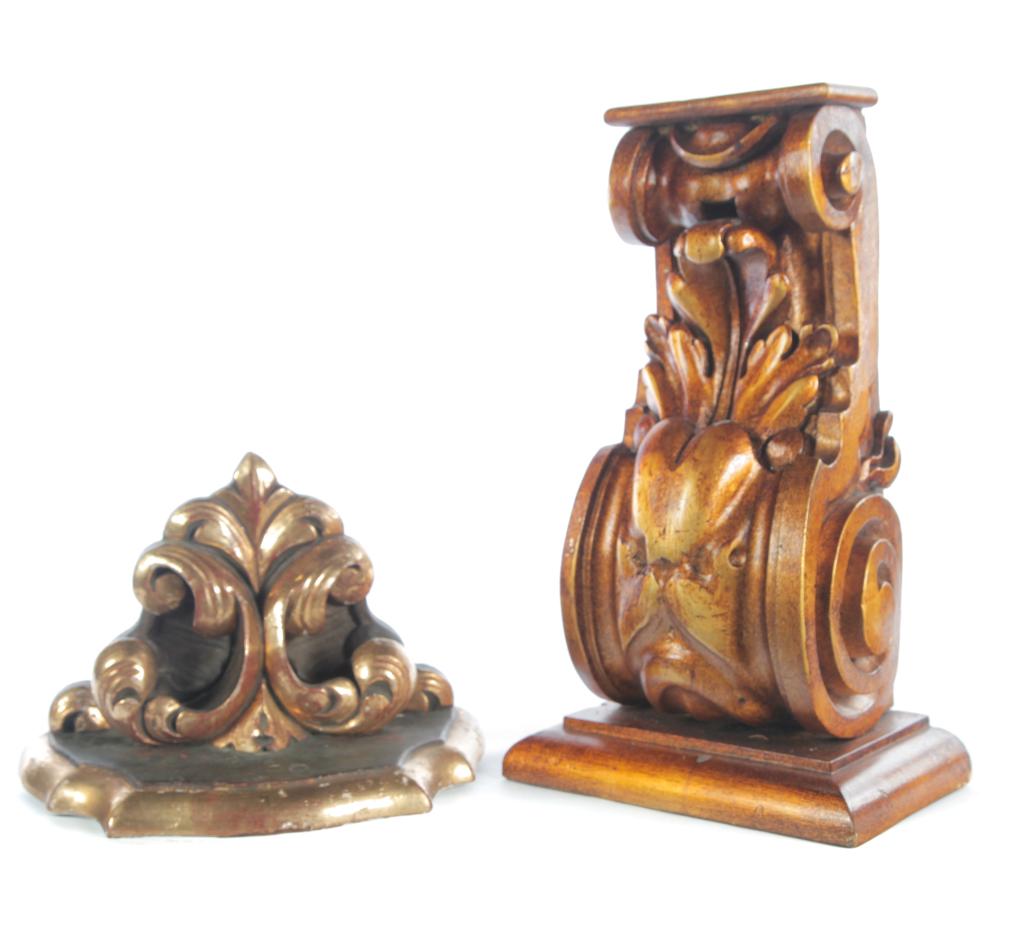 TWO EUROPEAN GILTWOOD BRACKET SHELVES.: Ninteenth century. Earliest has square and rosehead nails. Late regilding. 17"h. 10"w. 6.25"d. Later has original gilding. Flaking and painted top. 8"h. 12"w. 6"d.