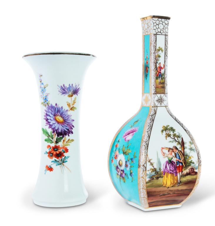 TWO FACTORY DECORATED PORCELAIN VASES.: German, 2nd half 19th century. Meissen with crossed swords mark, cylinder shape with concave sides and floral decoration, 9.75"h. And square bulbous shape with two turquoise sides with floral decorati