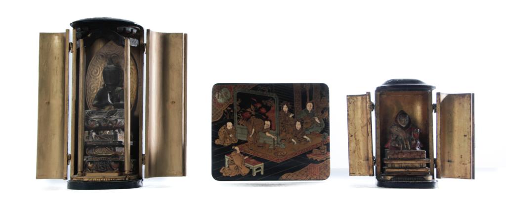 TWO ASIAN LACQUERED SHRINES AND A BOX.: Late 19th - early 20th century. Shrines with seated Buddhist statues on thrones behind folding doors. Smaller has original gilding, taller has gold repaint. Varying wear. 6", 9.5"h. Together with a Ja