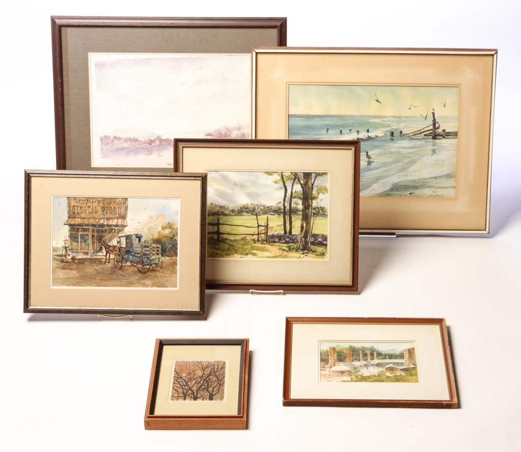 SIX AMERICAN WATERCOLOR PAINTINGS AND PRINTS.: Five signed watercolors on paper. Industrial furnace by "Mildred Klindworth", 14.5"h. 18"w., pasture "The Crossing" by Wanda Frease. Canton Art Institute exhibition tag. 17.5"h. 21.5"w., winter lake b