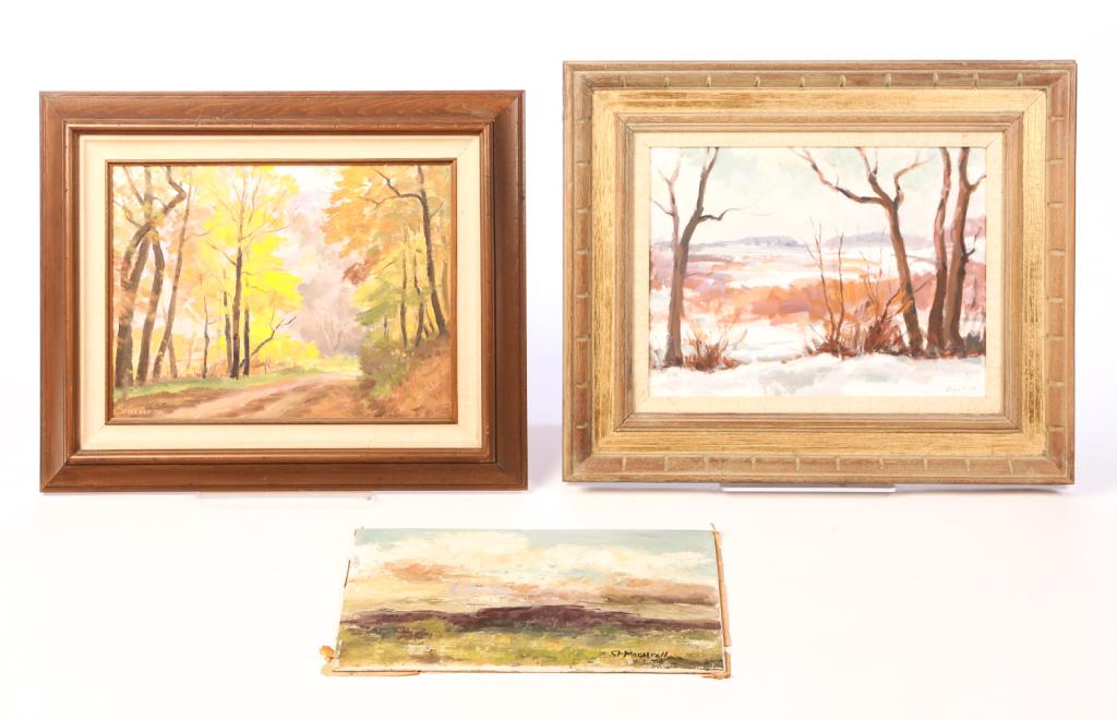 THREE AMERICAN LANDSCAPE PAINTINGS.: Oil on artist board, signed. Two by Charles Zollars (1896-1986), "Winter" and "Autumn". 12"h. 16"w., framed, 18.5"h. 22.5"w. And "Long Ago and Far Away" by C.F. Martstrell. Unframed, 12"h. 16"w.