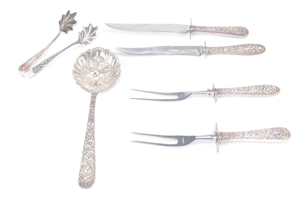 SIX KIRK & SON REPOUSSE STERLING SERVING PIECES.: American, 20th century. Two hollow handled carving sets, berry spoon and tongs.