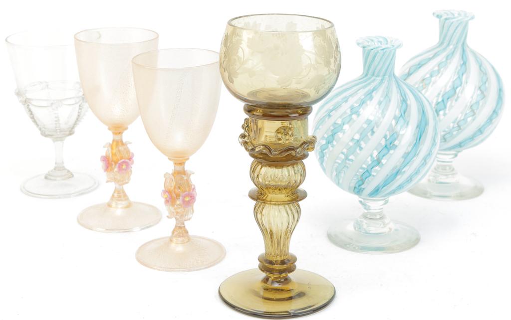 FOUR PIECES OF VENETIAN GLASS.: Italy, 20th century. Four wines. Pair with gold flecks 6"h., green with etched bowl, 7.5"h. and single with applied rigaree, 5.25"h. Together with a pair of blue and white latticino bud vases, 6.5"h.