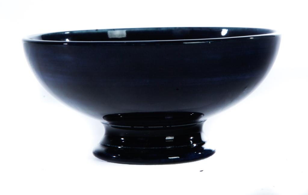 MOORCROFT "CLEMATIS" FOOTED BOWL.: England, mid 20th century. Cobalt high glaze with multicolored flowers. Impressed marks on base. 2.5"h. 5.5"dia.