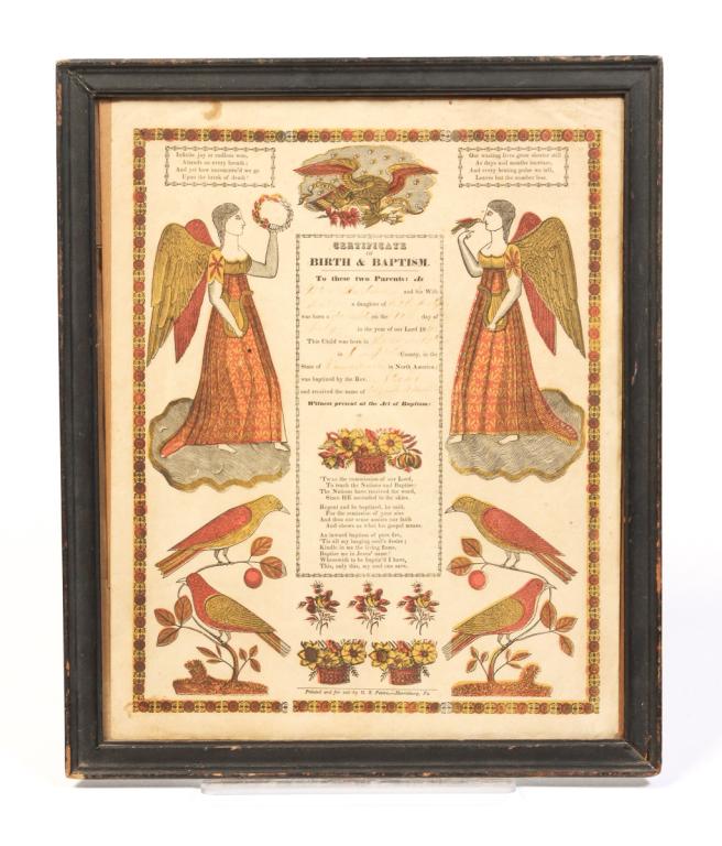 AMERICAN HAND COLORED PRINTED FRAKTUR.: Printed by G.S. Peters, Harrisburg, Pennsylvania. Records the birth of Elizabeth, daughter of Peter and Mary Hartman, July 19, 1845. Framed. 18.5"h. 15.5"w.
