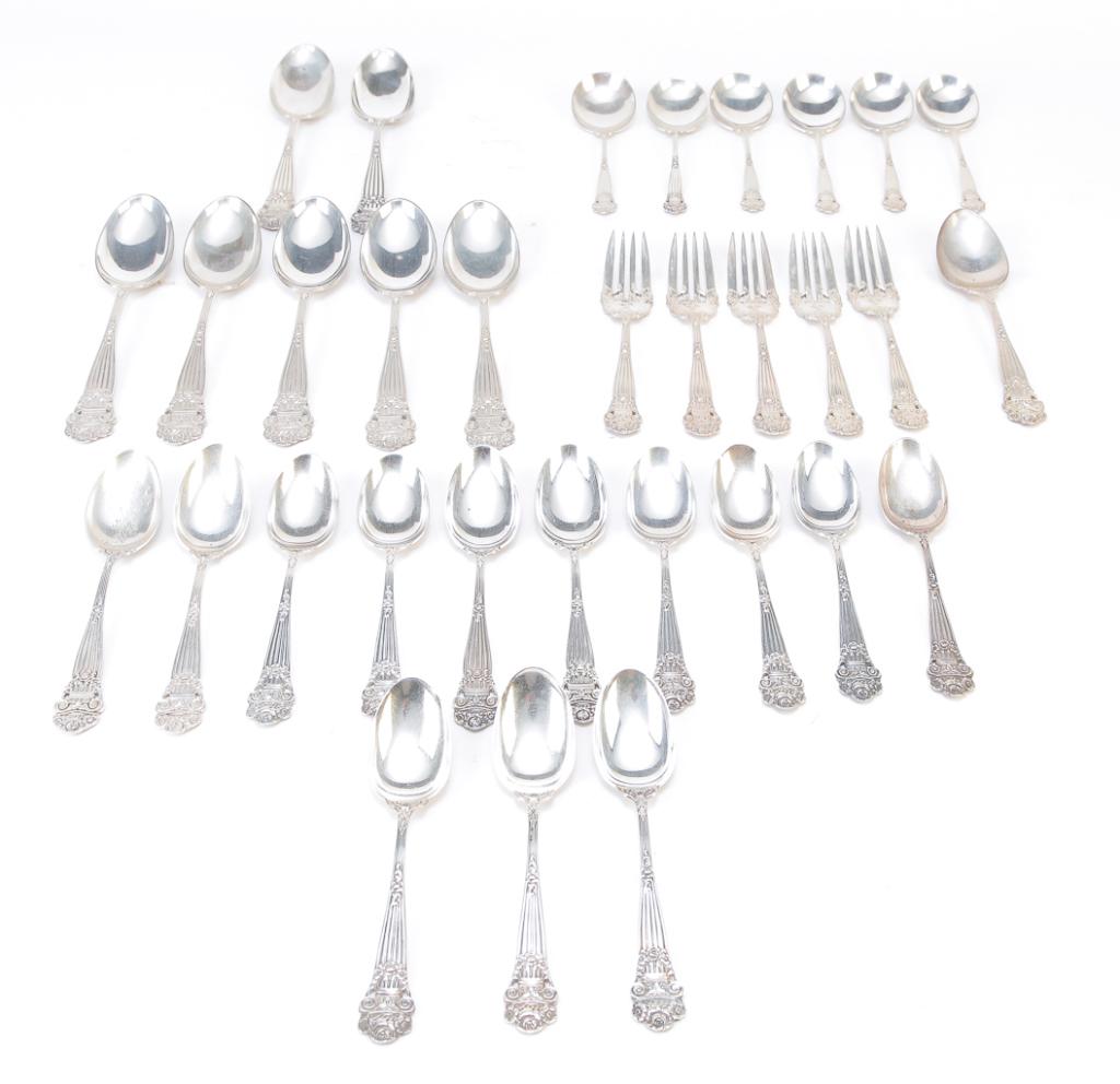 THIRTY TWO PIECES OF TOWLE GEORGIAN STERLING.: American, ca. 1900. Flatware. Seven tablespoons, thirteen teaspoons, six boullion spoons, a spoon, and five salad forks. Most monogrammed and some teaspoons have presentation engraving. Approx. 35 ozt