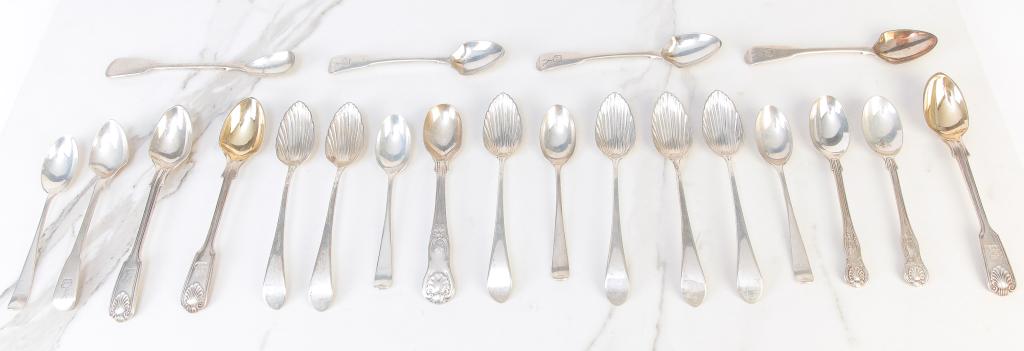TWENTY ONE STERLING DEMITASSE SPOONS.: American and English, 19th-20th century. Five Stief with ribbed bowls, four fiddle back London 1895, four fiddle backs with engraved stags London 1829, three shell back with engraved lions, London 188