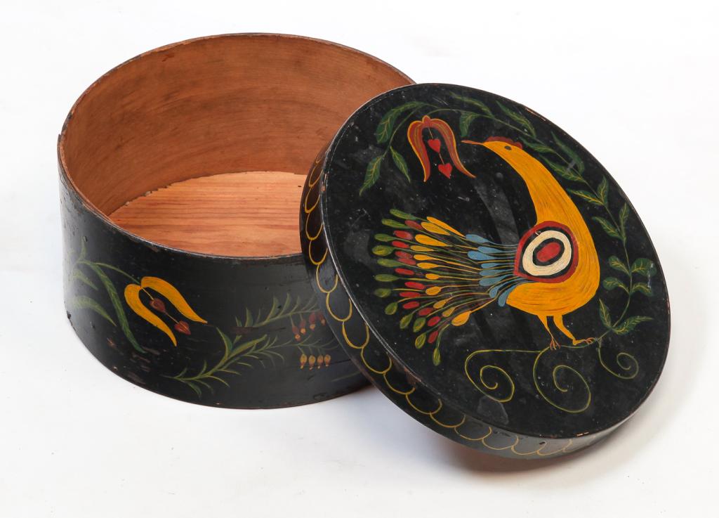AMERICAN PAINTED PANTRY BOX.: Ca. 1900, pine. Copper tacks, newer decoration with black background, lid with peacock and tulip and sides with tulips and other flowers. 5"h. 10"d.