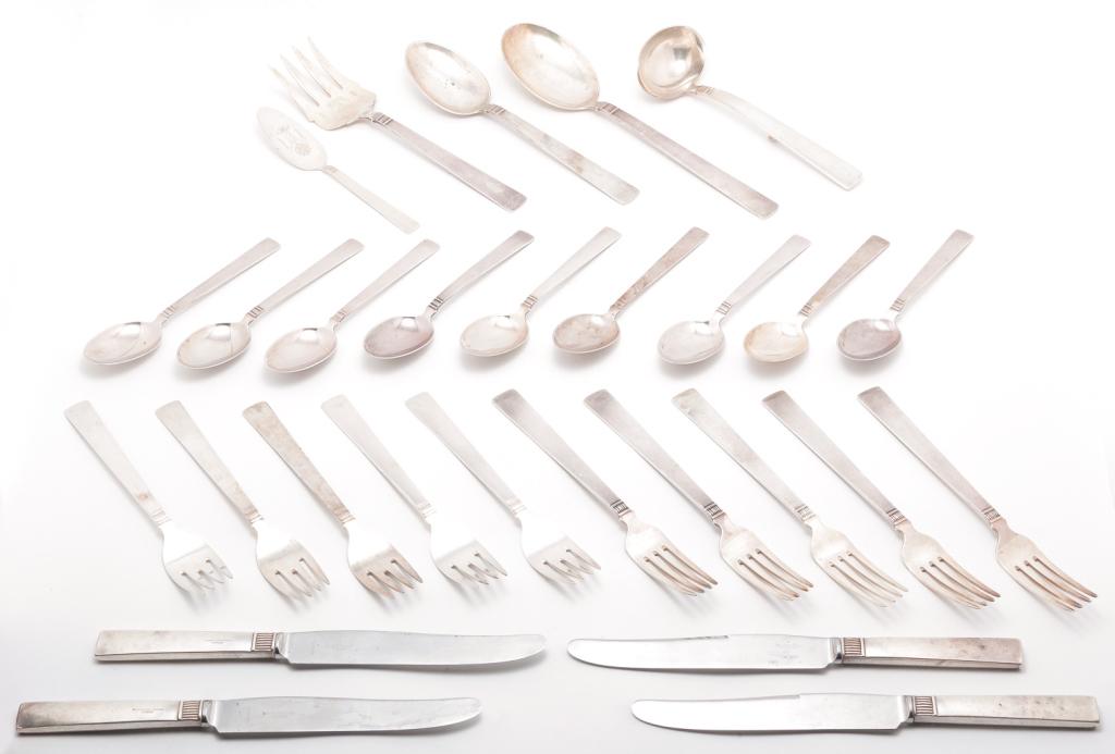 SET OF NORWEGIAN "STERLING" FLATWARE.: Marked for Thorvald Marthinsen "Sterling, Norway", 1st half 20th century. Fifty two pieces service for eight. Eight each hollow handled dinner knives, dinner and salad forks, butter knives, tea and so