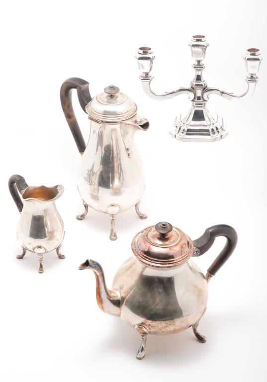 FOUR PIECES OF CONTINENTAL "800" SILVER.: Twentieth century. Two teapots, 7.25", 9.25"h. and a creamer, 5.25"h. with wooden handles. All marked "Bossard Goldschmied" (Karl Thomas Bossard, 1st half 20th century). And a three socket candelabra 