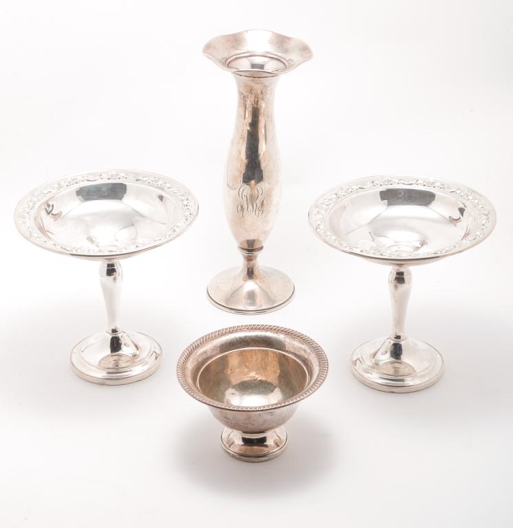 FOUR AMERICAN WEIGHTED STERLING PIECES.: Twentieth century. Two tazzas "Gorham Sterling", 6"h. 6.5"d., a flower vase with ruffled rim "RS Co. Sterling". Monogrammed. 10"h. And a "sterling" bowl with gadrooned edge, 3"h. 4.75"d.