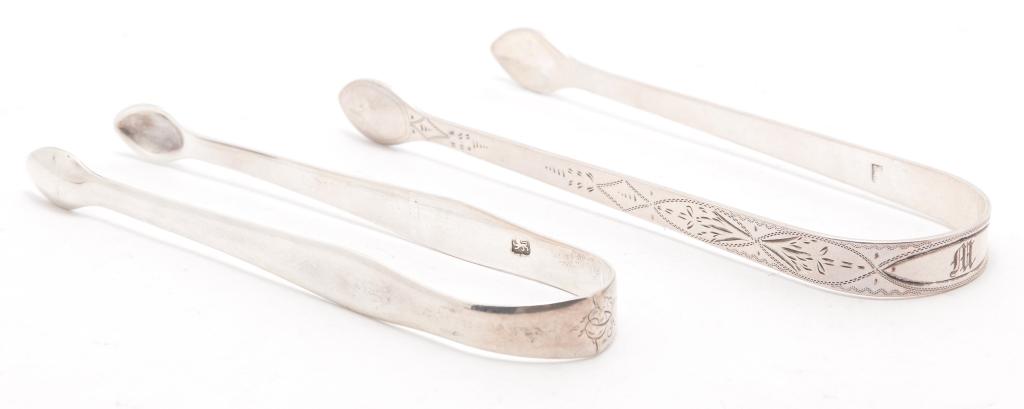 TWO ENGLISH SILVER BATEMAN FAMILY SUGAR TONGS.: Hallmarked. One has English lion and Hester Bateman maker's mark (late 18th century), 5"l. The other by Peter, Ann and William Bateman, dated 1801, with brightwork. 5.5"l. Approx. 2ozt.