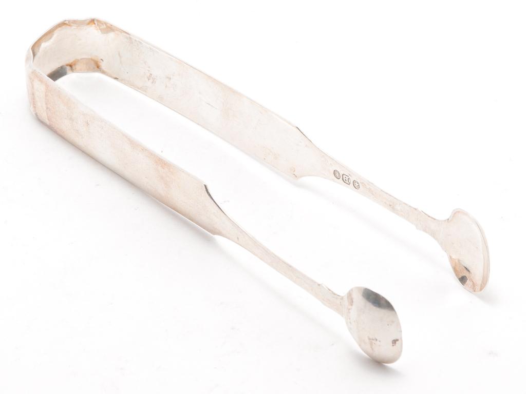 AMERICAN COIN SILVER TONGS BY BRADBURY.: Newburyport, Massachusetts, active 1820-1830. Marked for Theophilus Bradbury II. Monogrammed. Minor wear and dings from use. 6"l.