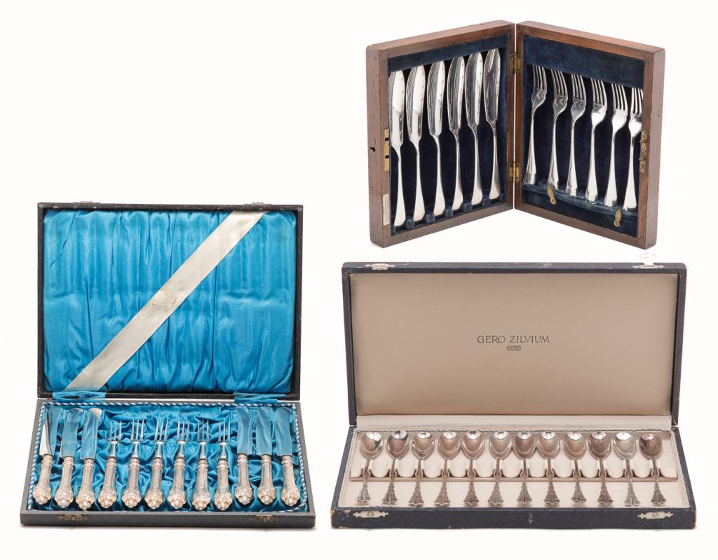 THREE BOXED SETS OF SILVERPLATE FLATWARE.: European, 20th century. Twelve demitasse spoons marked "Gero". Case marked "Gero Zilvium", 11"w., Welsh cake set, six each forks and knives marked "Cross Bros. Ltd, Cardiff". Wooden case marked simila