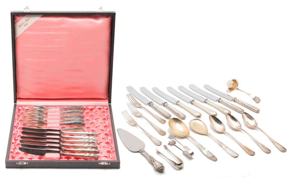 LARGE GROUP OF MOSTLY CONTINENTAL SILVER FLATWARE.: Twentieth century. Boxed set of six knives, 6.5"l. and forks, 5.5"l. marked "Wellner", set of twelve dinner knives marked "800" and a group of eighteen beaded edge knives, forks and spoons marked "Wol