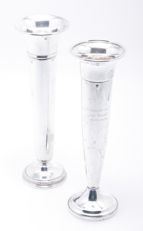 TWO AMERICAN "STERLING" TRUMPET VASES.: Mid 20th century. Similar weighted vases. Towle, 7.75"h. And International Prelude pattern, 8"h.