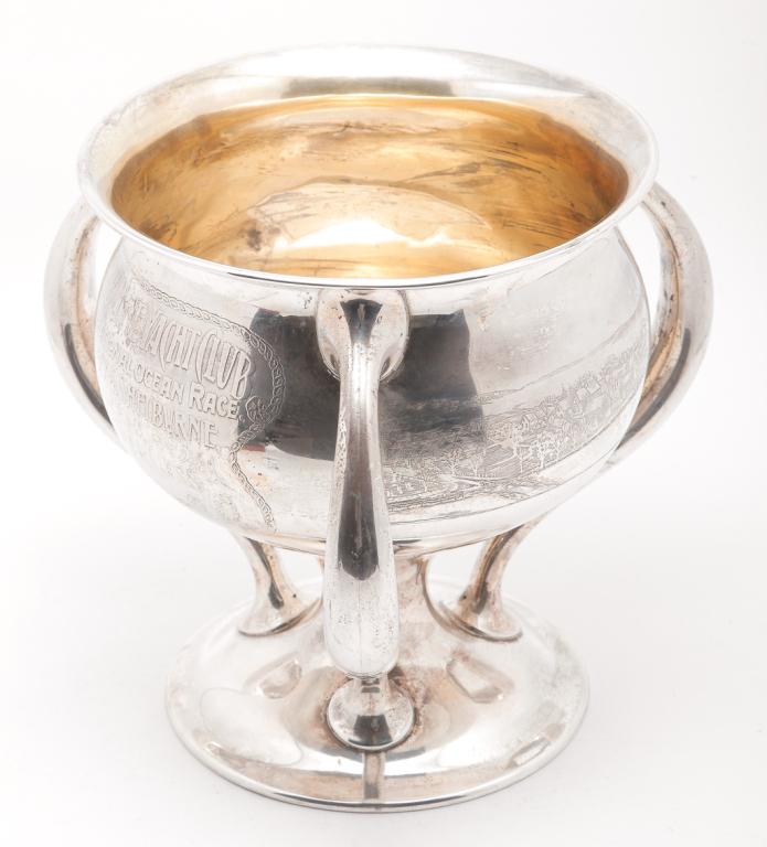 AMERICAN STERLING YACHT CLUB TROPHY CUP.: American, 1925. Three handled loving cup trophy by "Birks" for the "Shelburne Yacht Club International Schooner Race, Halifax to Shelburne August 28, 1905, Schooner Class. Won by Commodore Laurence Mi