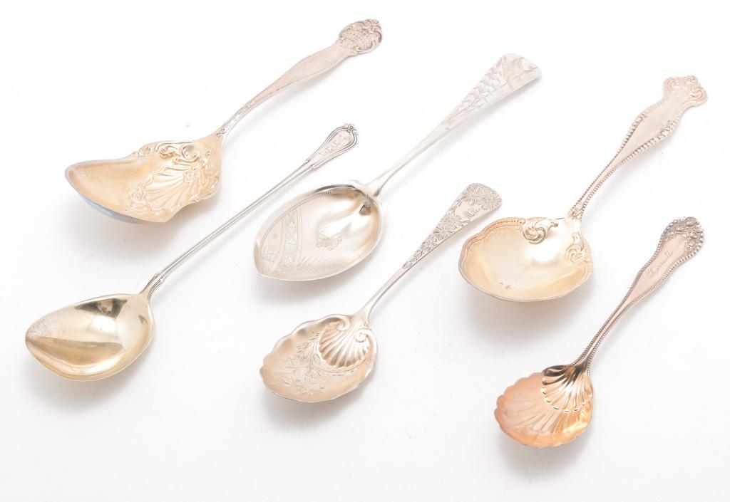 SIX AMERICAN "STERLING" SERVING SPOONS.: Late 19th-20th century. Two by Towle with vermeil bowl, 8.75", 9"l. and four by Gorham, 7" to 9"l. Two with vermeil and two with brightwork. Three monogrammed or with name. Approx. 9.9ozt.