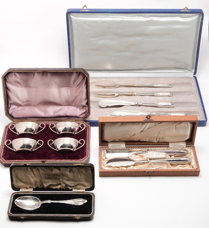 GROUP OF SILVER AND PLATE INCLUDING SALTS.: Twentieth century. Birmingham, England silver spoon with birthdate December 3, 1938 and "Calcutta, India". Approx. 1 ozt., two cheese knives with probably Continental marks, 7"l., four plated engraved