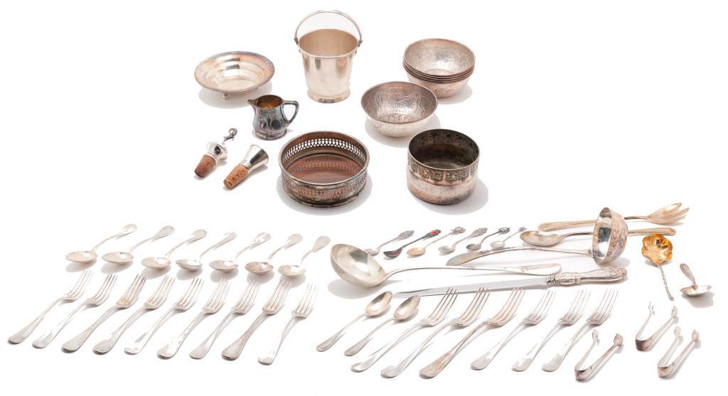 LARGE GROUP OF SILVER AND SILVER PLATE.: Nineteenth-20th century. Mostly flatware including Christofle spoons, French hallmarked forks and spoons, "Art. Krupp Berndorf" forks and creamer, knife rests, several unmarked pieces as well as wine