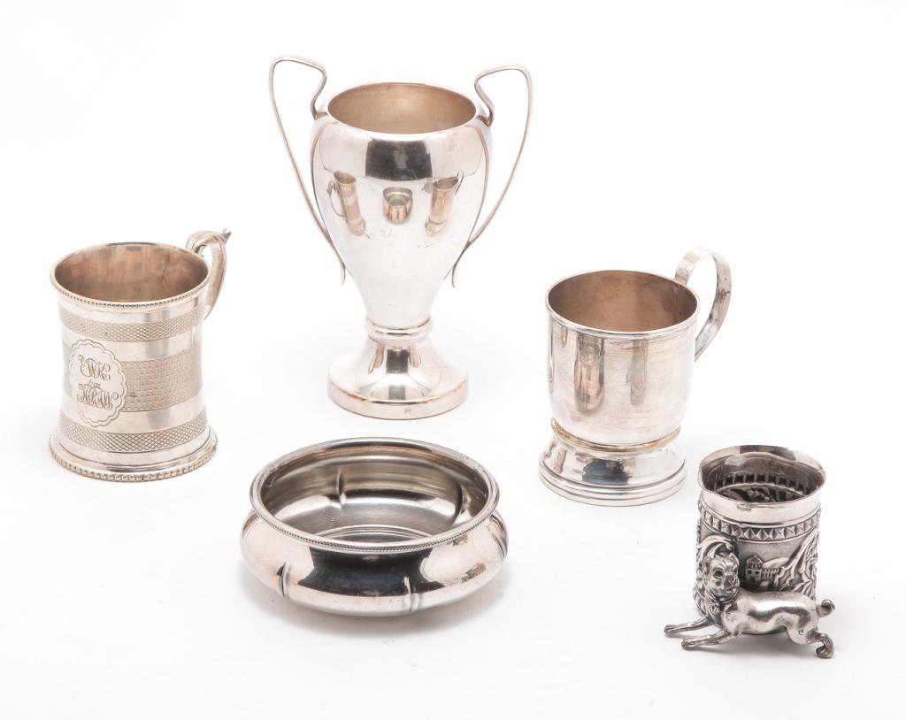 FIVE PIECES OF SILVER AND SILVER PLATE.: Twentieth century. Handled vase, partial maker's mark from Connecticut, 6"h., toothpick with dog "James Tufts, Quadruple Plate", 2.25"h., small dish "Victor Silver Co.", 1.5"h. 3.5"d. and two mugs. Si
