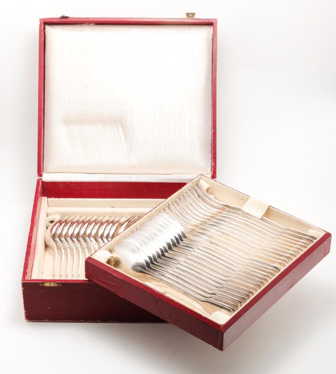 SET OF FRENCH SILVERPLATE SPOONS AND FORKS.: Late 19th-early 20th century. Twelve each dinner forks, luncheon forks, large spoons and tablespoons. Marked "Metal Alliage Blanc, 84, SPAM". Larger pieces 8.5"l. Fitted case has wear.