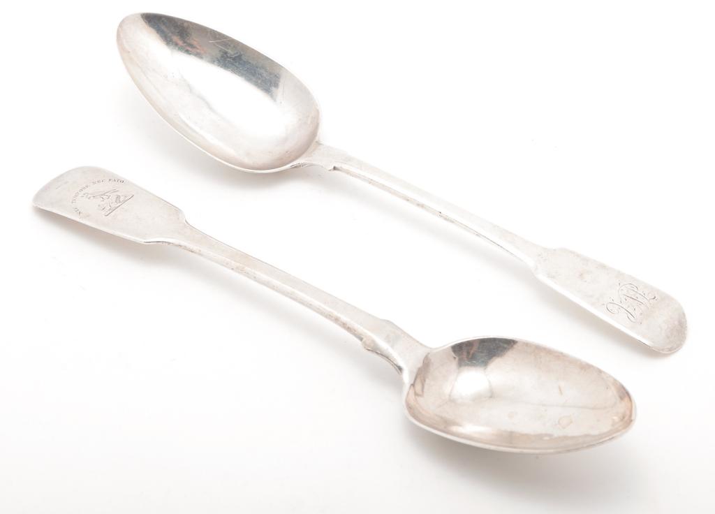 TWO SILVER TABLE SPOONS.: Hallmarked. One Glasgow, Scotland 1824, possibly by W. Russell. Engraved armorial, minor edge roughness. And one with London hallmarks, 1781 but with later king's head touch. Monogrammed. Both 9"l. Ap