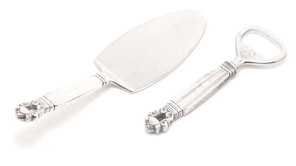 GEORG JENSEN CAKE SERVER AND BOTTLE OPENER.: Denmark, 1st quarter 20th century mark."Sterling" acorn pattern handles. Small server, 6.25"l., opener, 4.5"l.