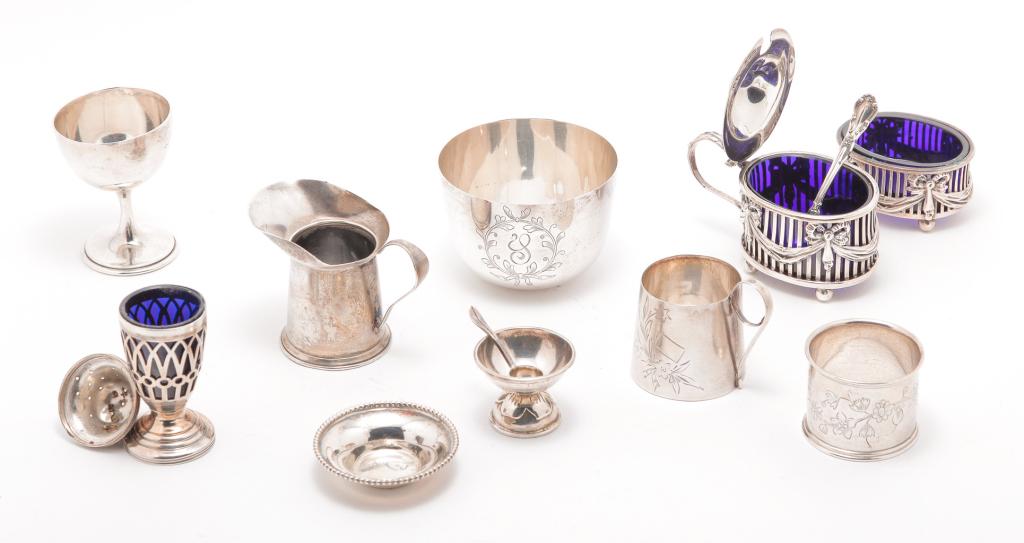 GROUP OF SILVER MINIATURES AND SERVING PIECES.: Late 19th-20th century. Marked. Russian napkin ring and miniature cann and goblet, 2.25"h., Mexican sterling salt, 1"h., MMA Gorham sterling Cornelius Vanderburgh replica cup, 1.75"h., sterling miniat