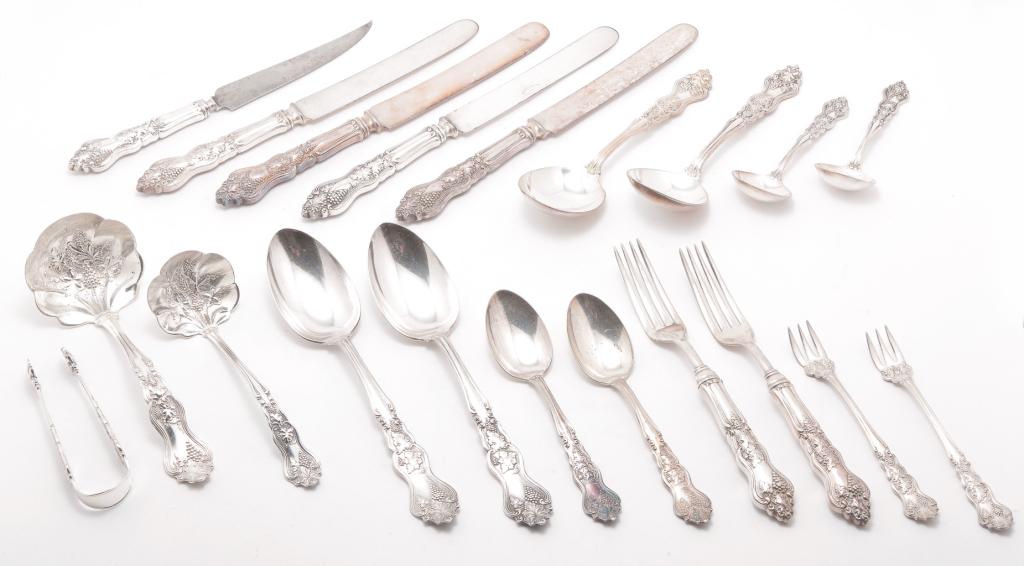 AMERICAN SILVERPLATE FLATWARE SET.: First half 20th century. Marked for American Silver Co. with "Pat 4-10-06". Consists of fourteen forks, six dinner forks, twelve luncheon forks (?), five salad forks, six dessert knives, eleven butter