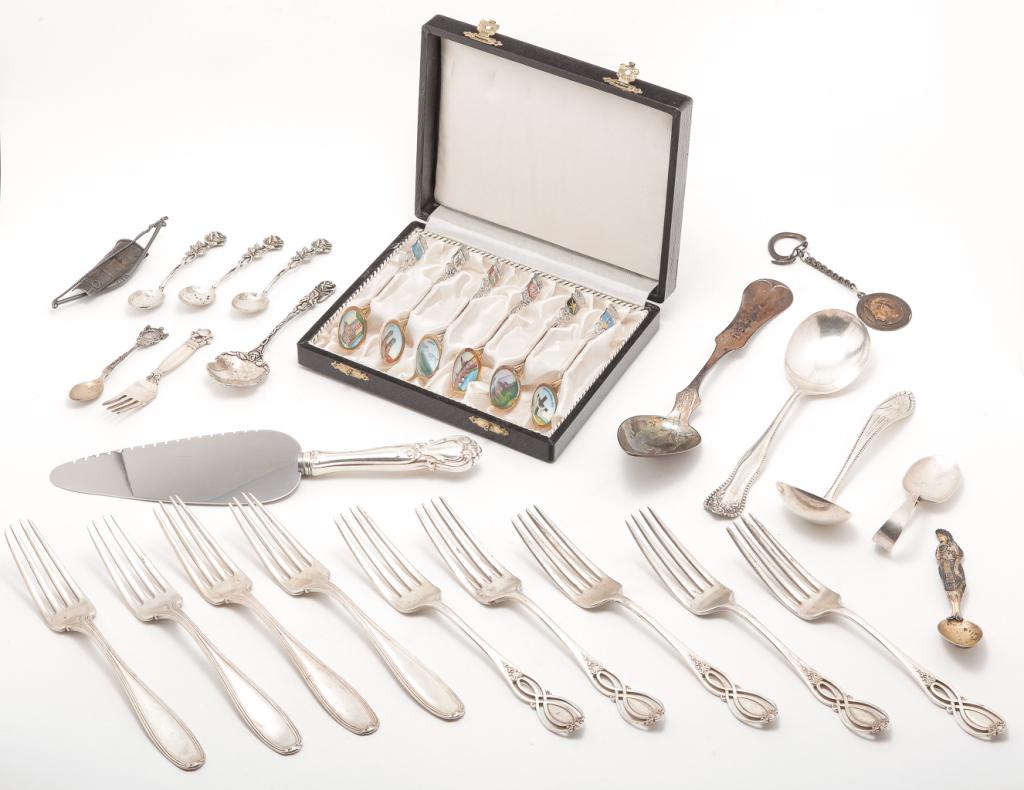 GROUP OF ASSORTED SILVER AND PLATE FLATWARE.: American and European, 19th-20th century. Four matching "sterling" forks possibly by Alvin, salt spoons marked "835", seven matching "sterling" forks by Alvin, coin tablespoon by D. McHenry, two "ster