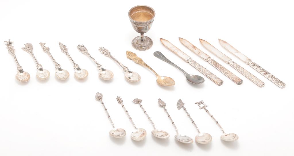 SMALL GROUP OF SILVER AND SILVER PLATE FLATWARE.: American and European, 20th century. Six Dutch demitasse spoons with unknown mark, six Asian themed "sterling" spoons, four "Pairpoint" small knives, probably plate, Victoria B.C. "sterling" souvenier