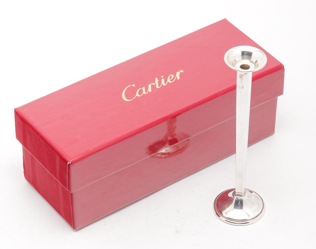 CARTIER "STERLING" BUD VASE.: Twentieth century. Marked on the weighted bottom and on the box. 5.25"l.