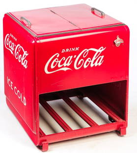 AMERICAN COCA COLA STORE COOLER.: Second quarter 20th century. Restored with original colors and embossed lettering. Missing drain cap. 35"h. 30.5"w. 25"d.