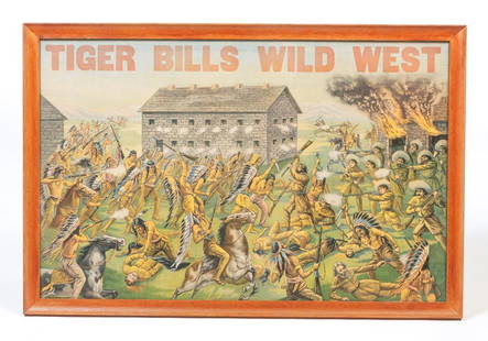 AMERICAN "TIGER BILL" POSTER.: Ca. 1900 by Riverside Publishing Co. "Tiger Bills Wild West" with a stage gunfight between western settlers and Native Americans. 28.25"h. 42.5"w.