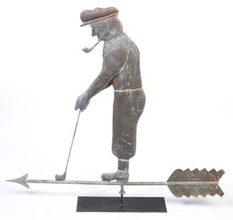 AMERICAN GOLFER WEATHERVANE.: First half 20th century, copper and brass. Full bodied figure smoking a pipe and holding a golf club. Some restoration and contemporary base by Fortin Ironworks. 44"h. 40"w. including base. 20"w.