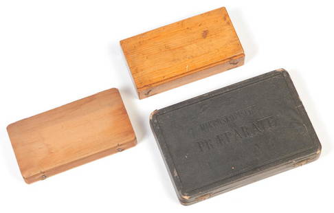 THREE CASES OF MEDICAL SPECIMEN SLIDES.: Late 19th-early 20th century. Two wooden boxes with marked slides in lift out trays. One case includes dates, several with New Jersey preparer's labels. 8.25"l. And a European case with multiple