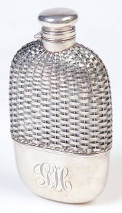 AMERICAN GORHAM "STERLING" FLASK.: Early 20th century. Marked on the underside. Basket weave top half, glass liner. Monogrammed. Cork has deteriorated. 6"h.