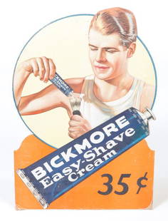 RONALD REAGAN "BICKMORE" STORE CUT OUT.: American, ca. 1930. Former actor and president portrayed shaving with a "Bickmore Easy-Shave Cream". 31"h. 21"w.