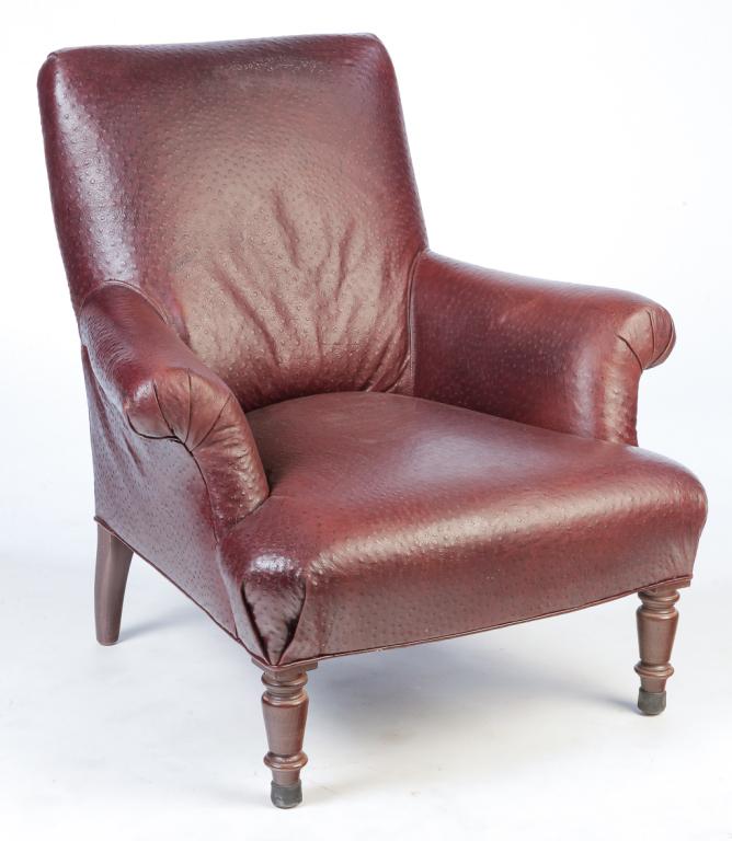WILLIAM SONOMA OSTRICH SKIN CHAIR.: American, late 20th century. Rich brown leather color with rolled arms and turned front legs. 14" seat, 34"h.