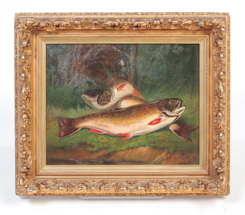 TROUT BY SIDNEY BRACKETT (American, 1852-1910).: Oil on canvas, signed lower right. Vivid colors. Signed lower right, "S.L. Brackett". Repair at center top. 12"h. 15"w., ornate frame, 17.5"h. 20.5"w.