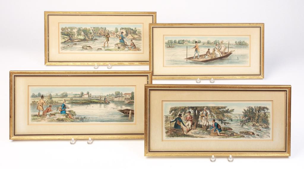 FOUR ENGLISH FISHING PRINTS.: Printed June 2, 1823 by R. Pollard & Jones, Holloway. Various scenes of people fishing off the bank and in boats. Matted and framed, 9.75"h. 18.5"w.