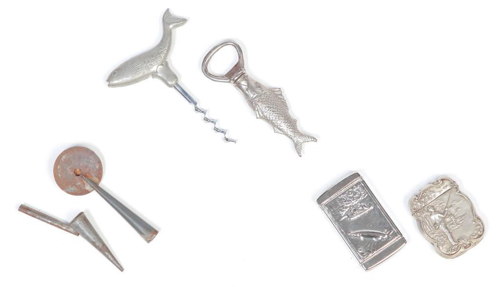 SIX AMERICAN NOVELTY ITEMS.: Twentieth century. Two match safes with fishing scenes, two fish corkscrew/bottle openers and two tin whistles.