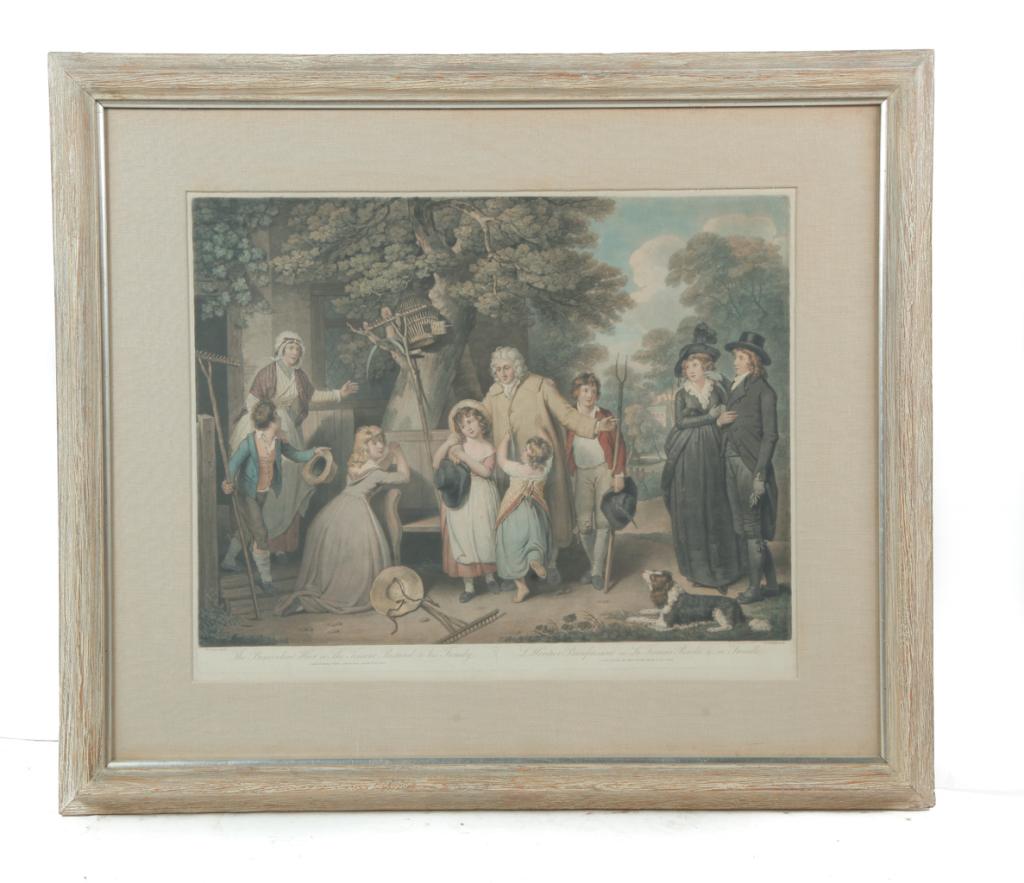 TWO ENGLISH PRINTS AFTER BIGGS.: Published in London 1803 by James Daniell, hand colored mezzotints on paper. Scenes after paintings by William R. Biggs, "The Rapacious Steward" and "The Benevolent Heir". Matching frames, 30.5"h. 35"