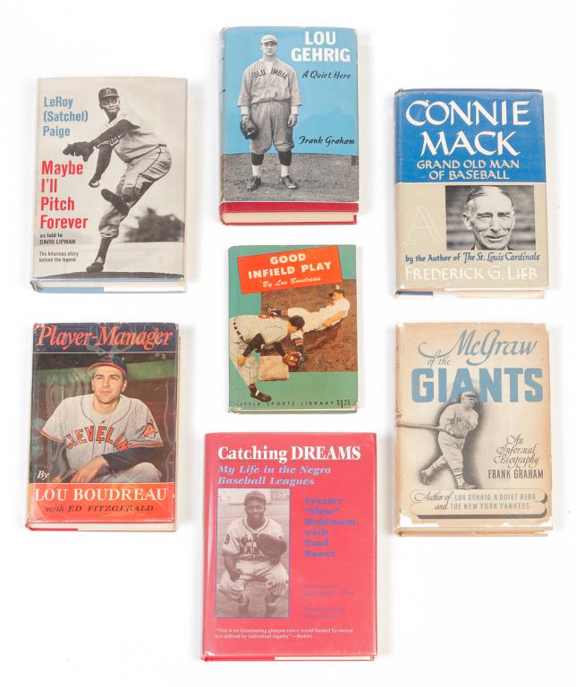 SEVEN AMERICAN BOOKS ON BASEBALL.: Twentieth century. Two by Lou Boucheau "Good Infield Play" 1948 and "Player Manager" with Ed Fitzgerald signed by Boucheau 1949, "McGraw of the Giants" by Frank Graham 1944, "Connie Mack, Grand old Ma