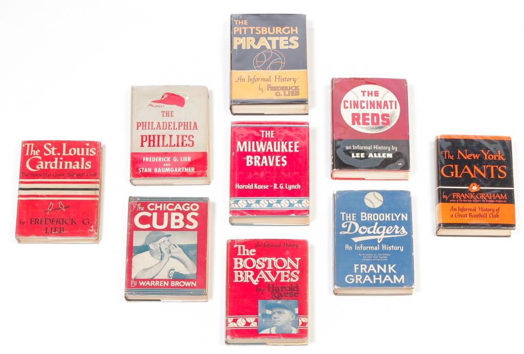 NINE BOOKS ON NATIONAL LEAGUE TEAMS.: American, 20th century. "The Boston Braves" by Harold Kaese 1948, "The Brooklyn Dodgers" by Frank Graham 1945, "The Chicago Cubs" by Warren Brown 1946, "The Cincinnati Reds" by Lee Allen 1948, "The Mi