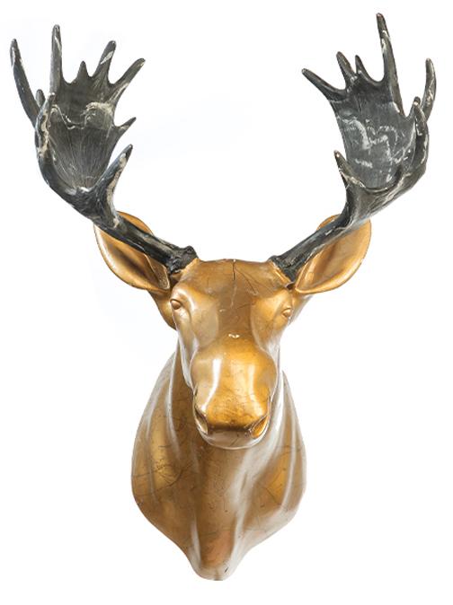 AMERICAN COMPOSITION MOOSE HEAD.: Twentieth century. Gold painted face with grey and black marbled antlers. Some damage and breaks in back plate. 48"h. 33"w. 36"d.